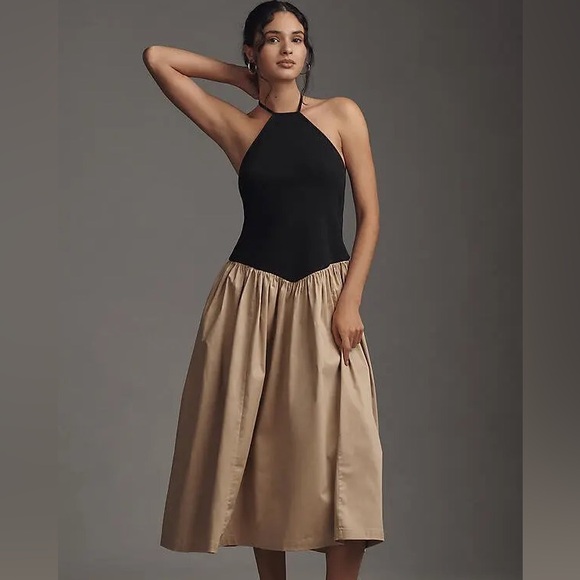 Anthropologie Dresses & Skirts - Anthropologie Maeve Halter Basque Drop Waist Midi Dress XL Pockets Quiet Luxury